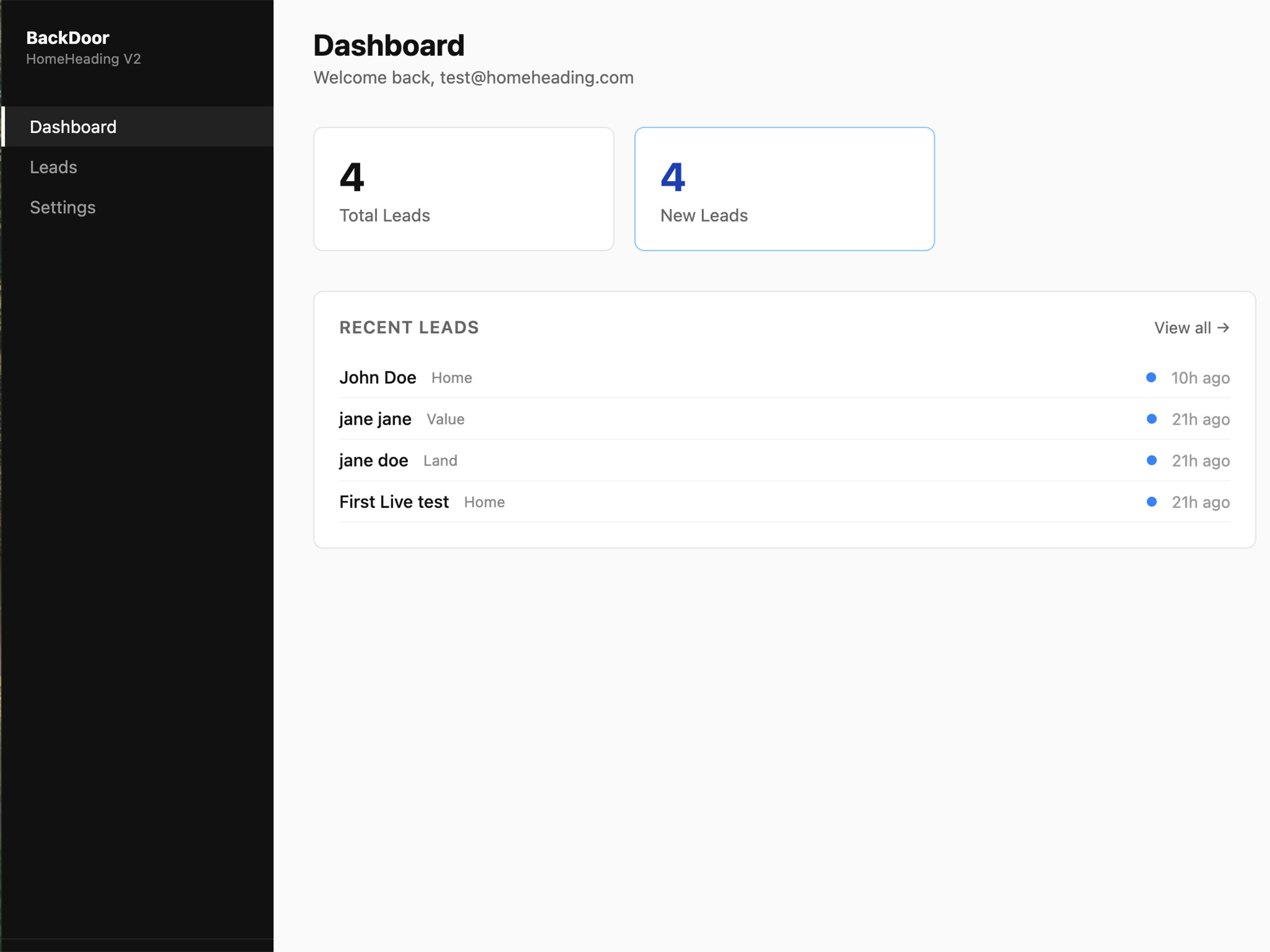 HomeHeading backend dashboard showing recent leads