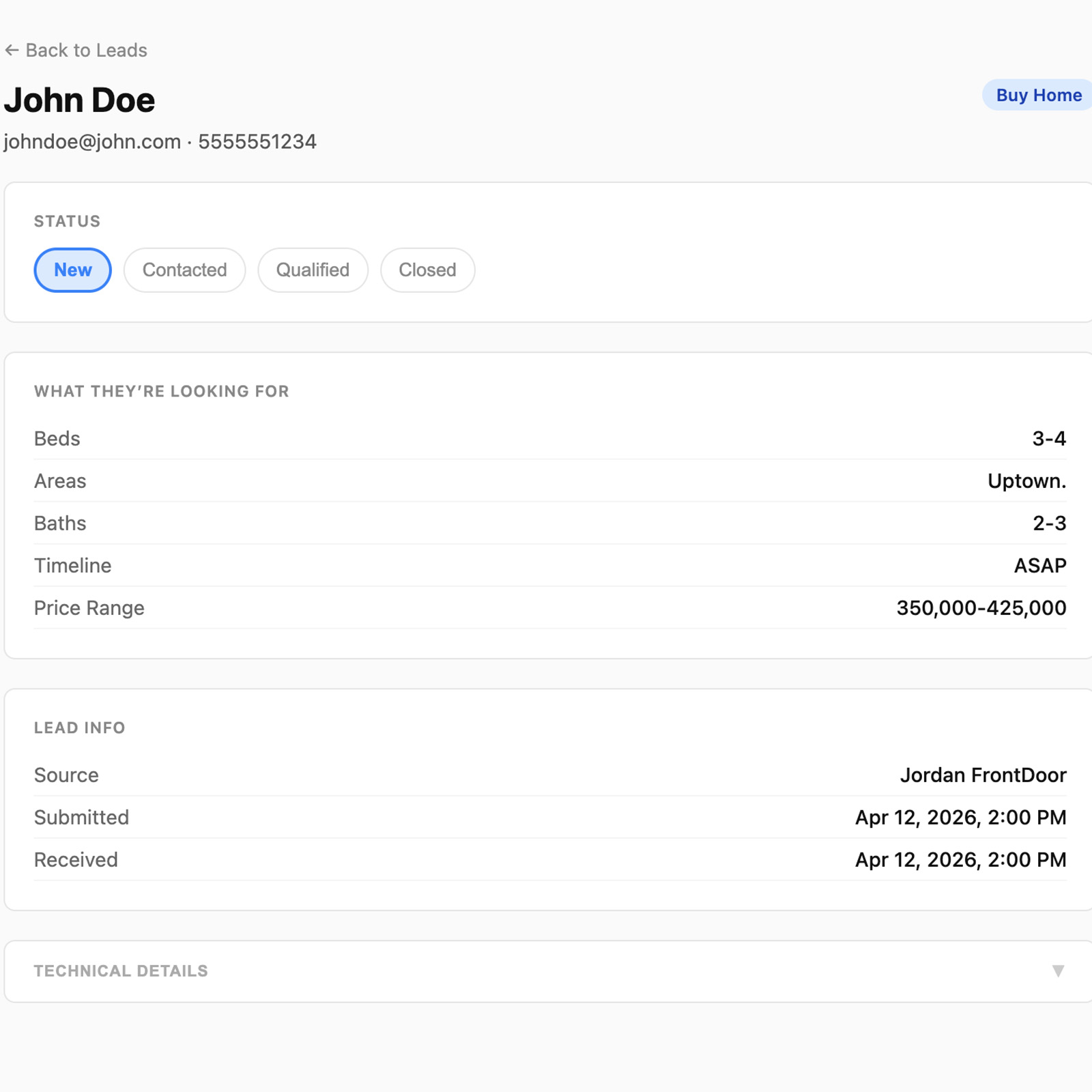 Lead detail view showing prospect criteria and contact information